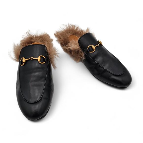 Gucci Princetown Horsebit Fur Lined Flat Mule Black Leather Size 37.5 US 7.5 - Picture 1 of 11